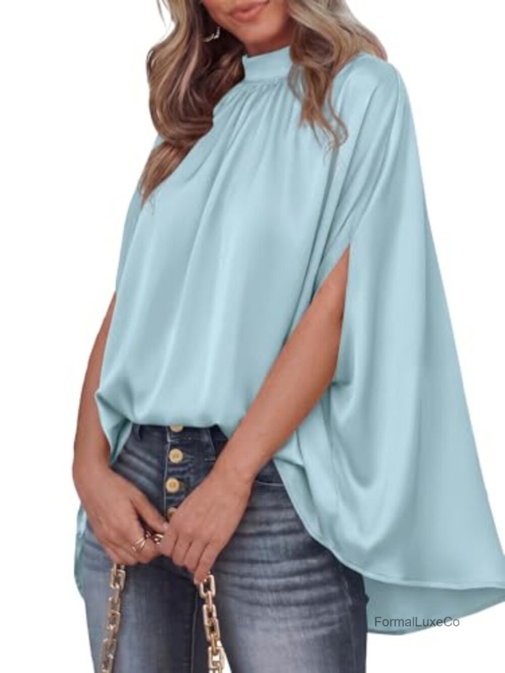 Oversized Satin Blouse Batwing Sleeve Mock Neck Back Tie Knot